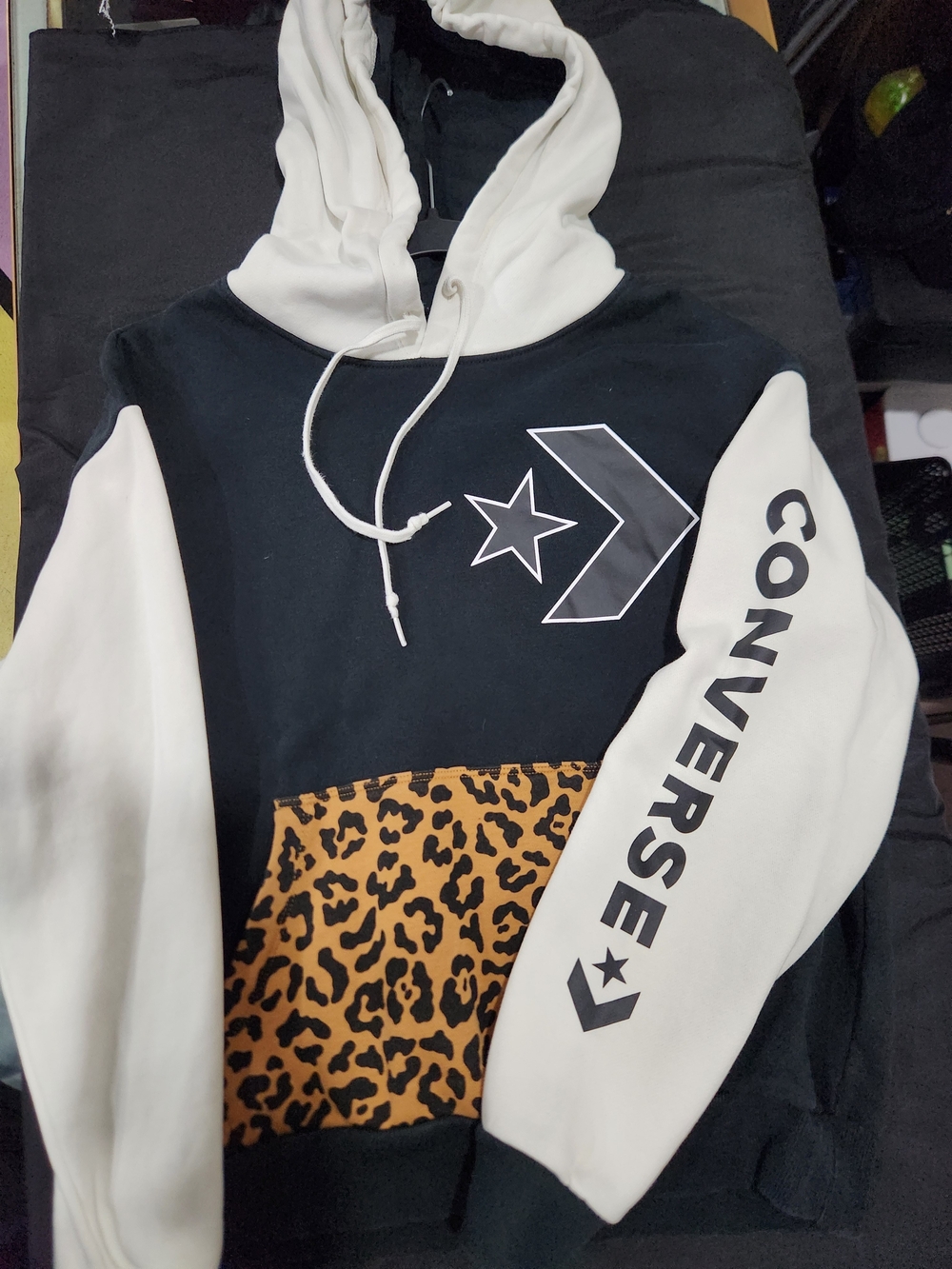Converse Black & White Hooded Sweatshirt with Leopard Pocket